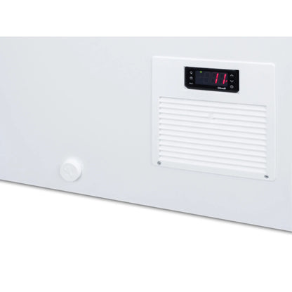 Curved top commercial ice cream freezer made in Denmark, with sliding glass lid, digital thermostat, novelty baskets, and 17.1 cu.ft. interior