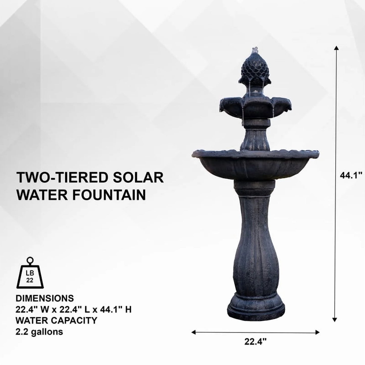 XBrand 44" H Black Fiberglass/Resin 2-Tier Solar Water Fountain w/Solar Panel and Auto-Shut Off Pump, Solar Garden Fountain, Tall Outdoor Fountain, Two Tiered Birdbath Fountain