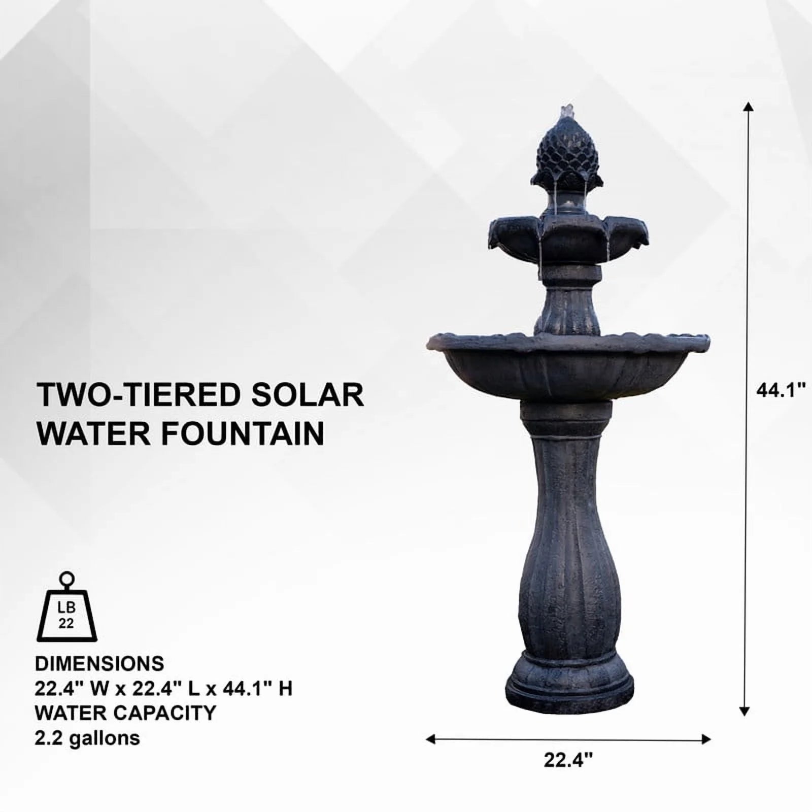 XBrand 44" H Black Fiberglass/Resin 2-Tier Solar Water Fountain w/Solar Panel and Auto-Shut Off Pump, Solar Garden Fountain, Tall Outdoor Fountain, Two Tiered Birdbath Fountain