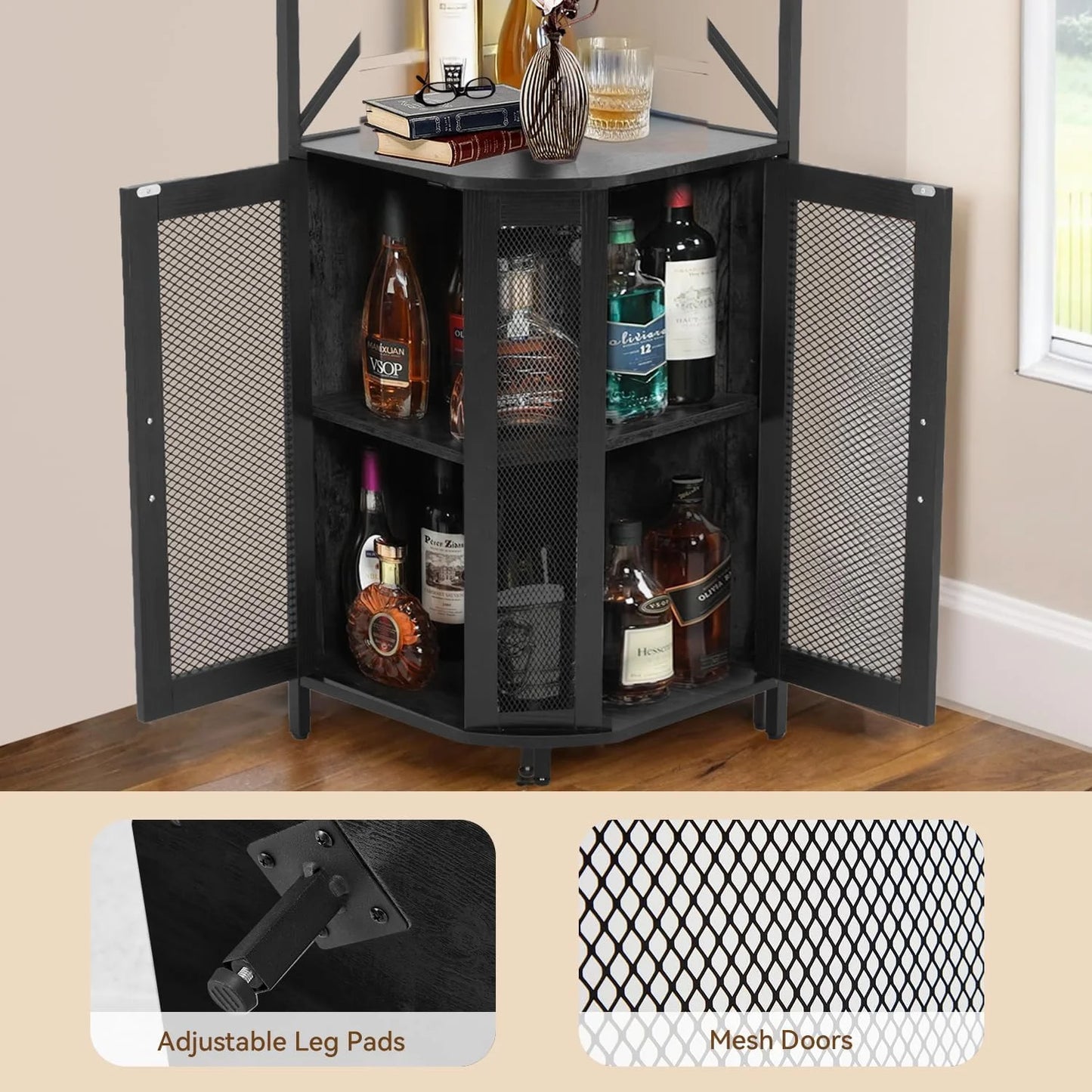 EROMMY Corner Bar Cabinet with Power Outlet, 5-Tiers Wine Bar Cabinet with LED Light and Glass Holder, Industrial Home Bar for Dining Room, Living Room, Kitchen, Modern Black