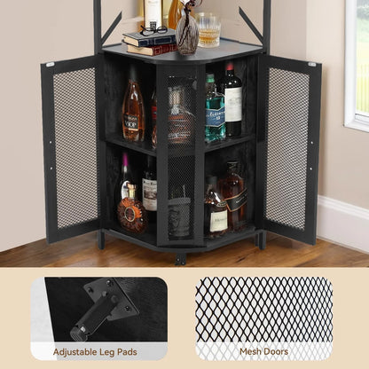 EROMMY Corner Bar Cabinet with Power Outlet, 5-Tiers Wine Bar Cabinet with LED Light and Glass Holder, Industrial Home Bar for Dining Room, Living Room, Kitchen, Modern Black