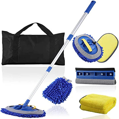 Car Wash Brush Kit with 41" Long Handle,5 in 1 Car Cleaning Mop,Microfiber Car Wash Brush,Glass Scrubber Vehicle Cleaner Kit,Blue