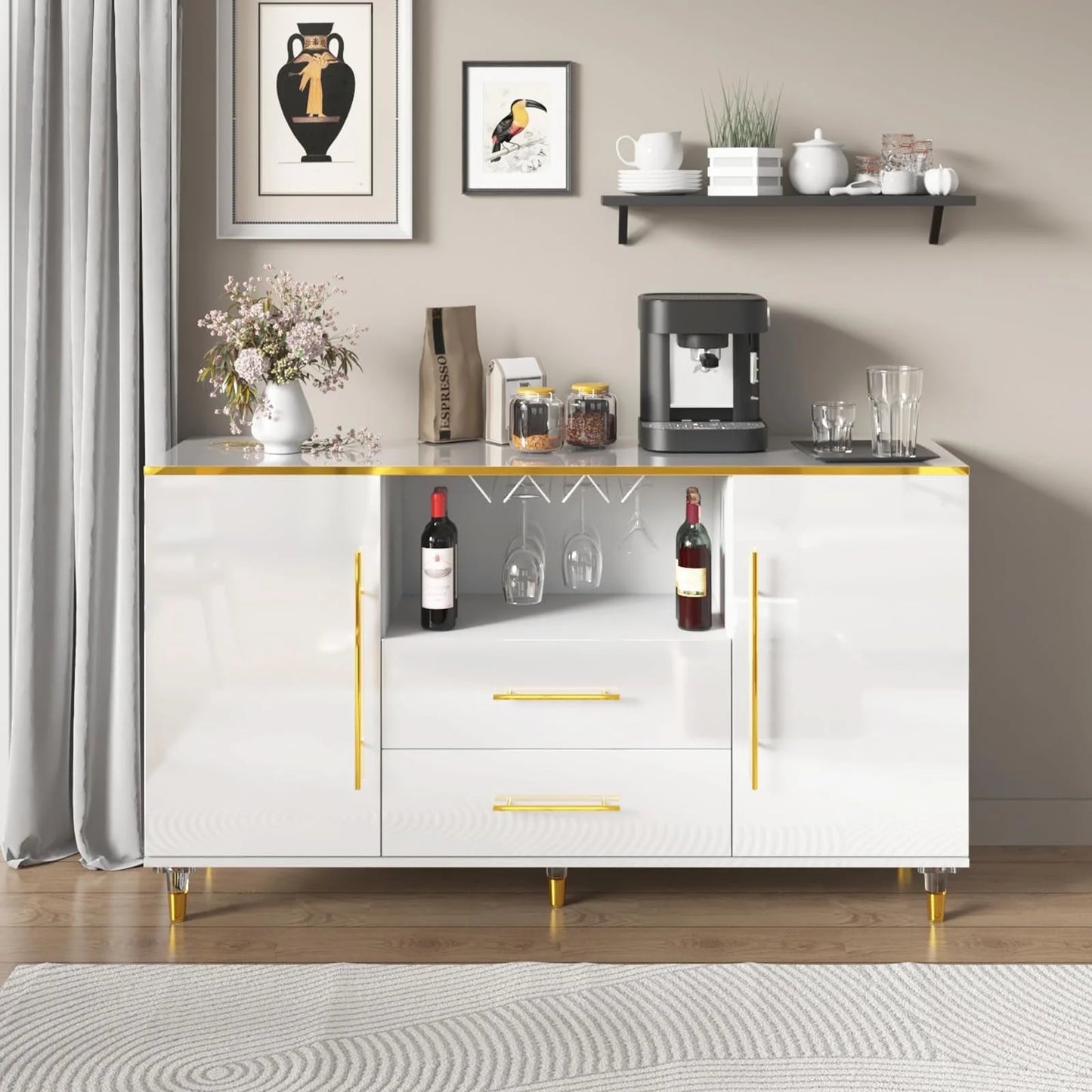 MARNUR Sideboard Buffet Cabinet, 55" Coffee Bar Cabinet with 2 Drawers and Wine Glass Holder for Kitchen Dining Room Living Room, White