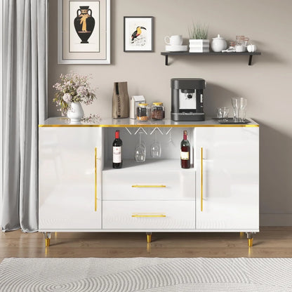 MARNUR Sideboard Buffet Cabinet, 55" Coffee Bar Cabinet with 2 Drawers and Wine Glass Holder for Kitchen Dining Room Living Room, White