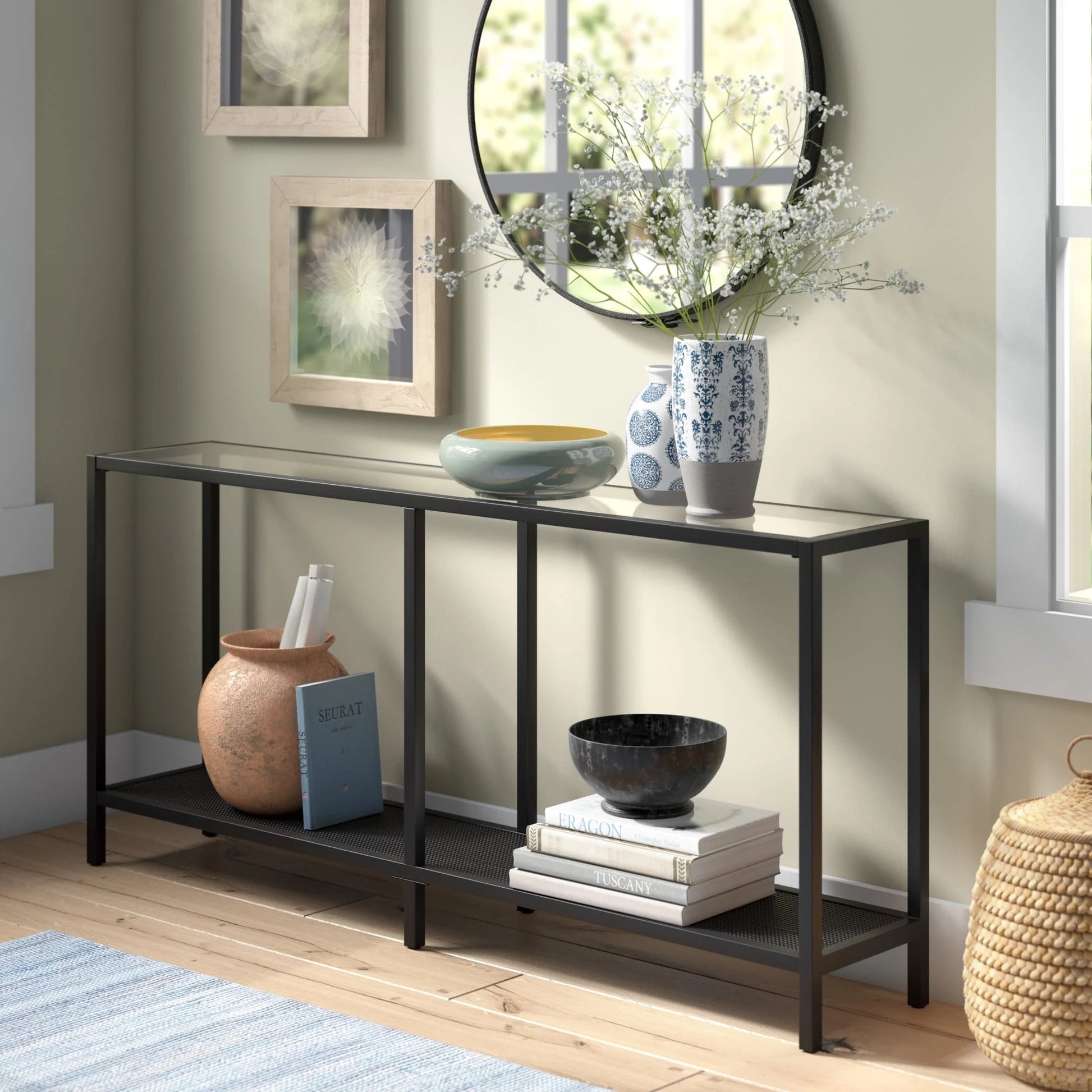 Evelyn& Zoe Contemporary Metal Console Table with Glass Top