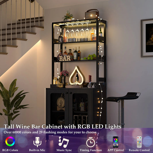 Homieasy Bar Cabinet with Power Outlets, 67" Tall Wine Cabinet Liquor Cabinet with LED Lights and Glass Holder, Coffee Bar Station for Kitchen, Dining Room, Living Room, Black