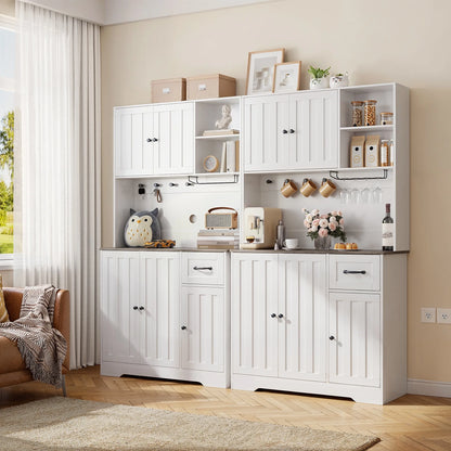 Coffee Bar, 71" Tall Kitchen Pantry Cabinet with Microwave Shelf, 5 Doors, 1 Drawers, 8 shelves, Wine glass rack, 4 Hooks, Cable Management