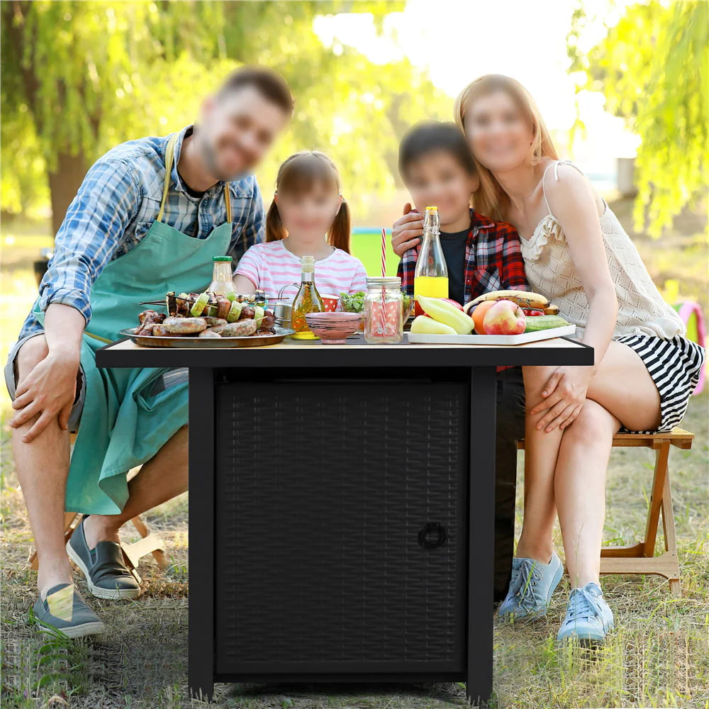 Topeakmart 30'' Outdoor Square Propane Fire Pit Table 50,000 BTU Gas w/Ceramic Rattan Pattern Steel Base Glass Black