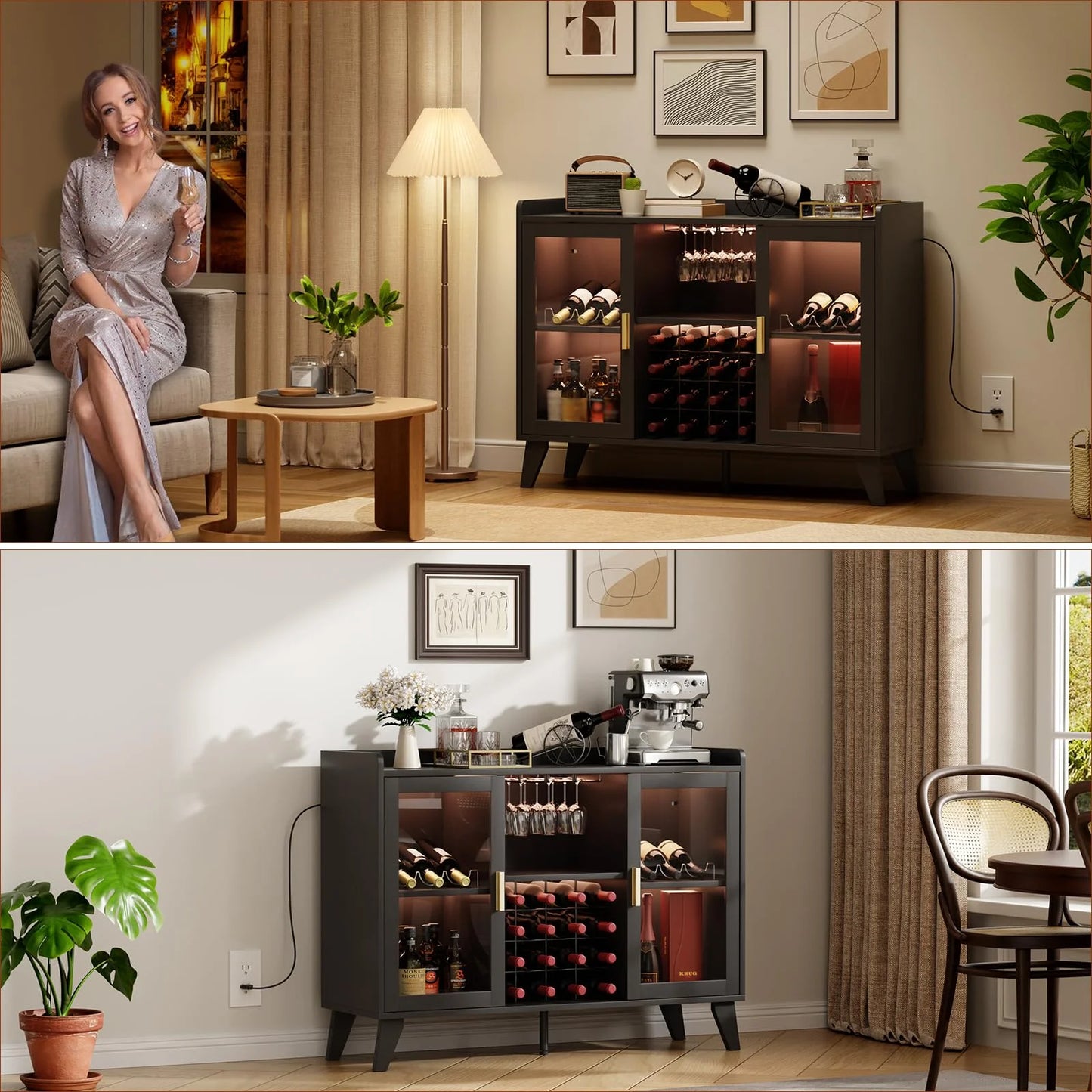 Ataucjin 47" Wine Bar Cabinet With LED Lights,Modern Liquor Cabinet With Wine Racks And Glass Holders,Home Coffee Bar Cabinet,Freestanding Kitchen Buffet Sideboard Storage Shelf For Living Dining Room