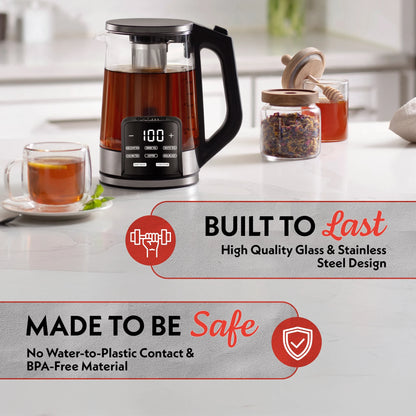 Gourmia 1.7L Programable Glass Kettle with Touch Display, Infuser, Black