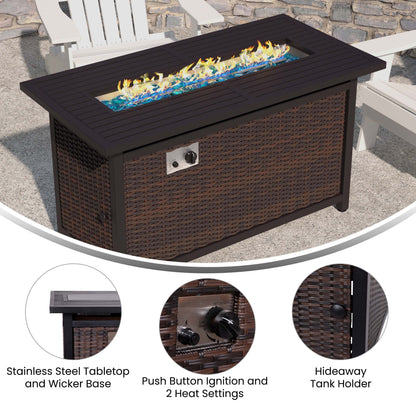Flash Furniture Olympia 45" x 25" Outdoor Propane Gas 50,000 BTU Fire Pit Table with Stainless Steel Tabletop, Lid, Glass Beads, Wicker Base-Espresso/Black