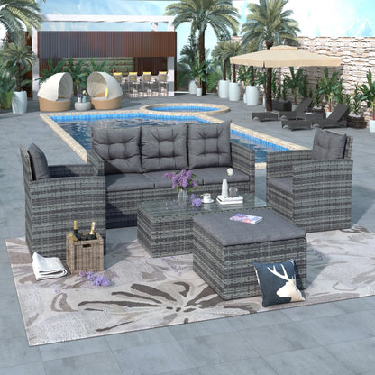 Highsound Patio Furniture Set Sofa 5-Piece Wicker PE Rattan Sectional Sofa Set, Outdoor Furniture Patio Conversation Sofa Set with Glass Coffee Table and Ottoman, Gray