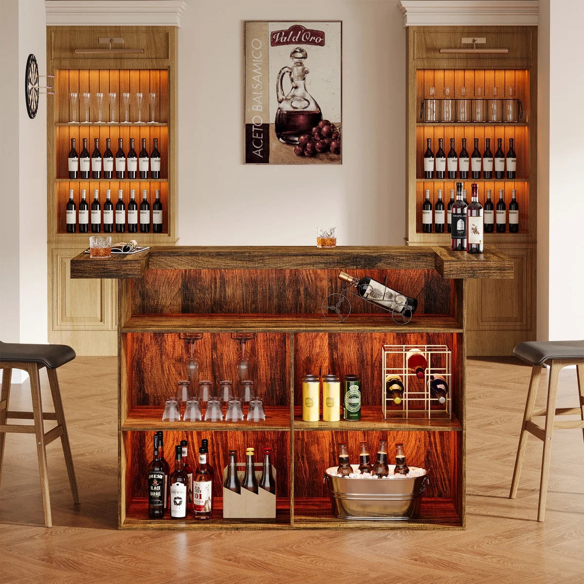 Tribesigns 4-Tier Bar Table, 70.9-Inch Large Home Bar Cabinet with Wine Glass Holder and Black Footrest, for Kitchen, Dining Room, Living Room, Pub, Rustic Brown