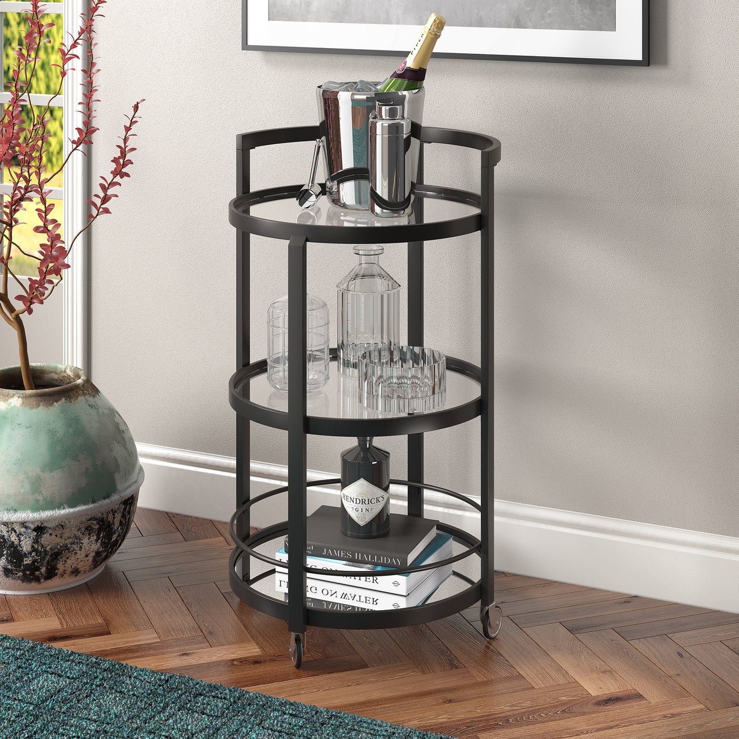 Evelyn& Zoe 21" Blackened Bronze Metal/Glass Bar Cart