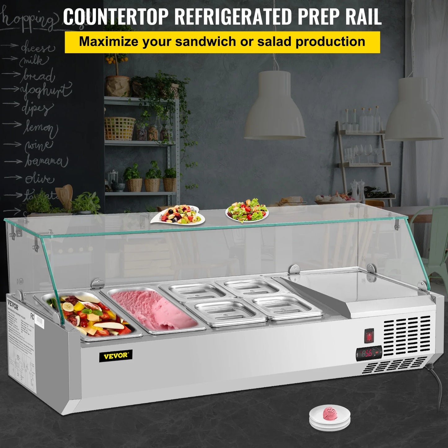 Refrigerated Condiment Prep Station, 48-inch, 10.8Qt Sandwich/Salad Prep Table w/3 1/3 Pans & 4 1/6 Pans, 146W Salad Bar w/304 Stainless Body Tempered Glass Shield Digital Panel Auto Defrost