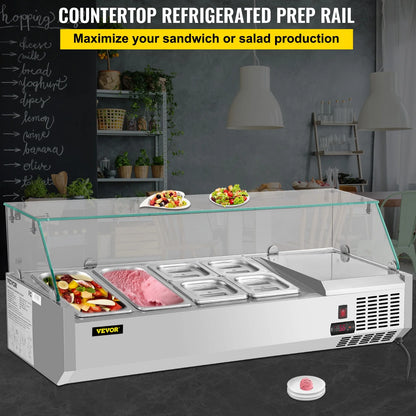 Refrigerated Condiment Prep Station, 48-inch, 10.8Qt Sandwich/Salad Prep Table w/3 1/3 Pans & 4 1/6 Pans, 146W Salad Bar w/304 Stainless Body Tempered Glass Shield Digital Panel Auto Defrost