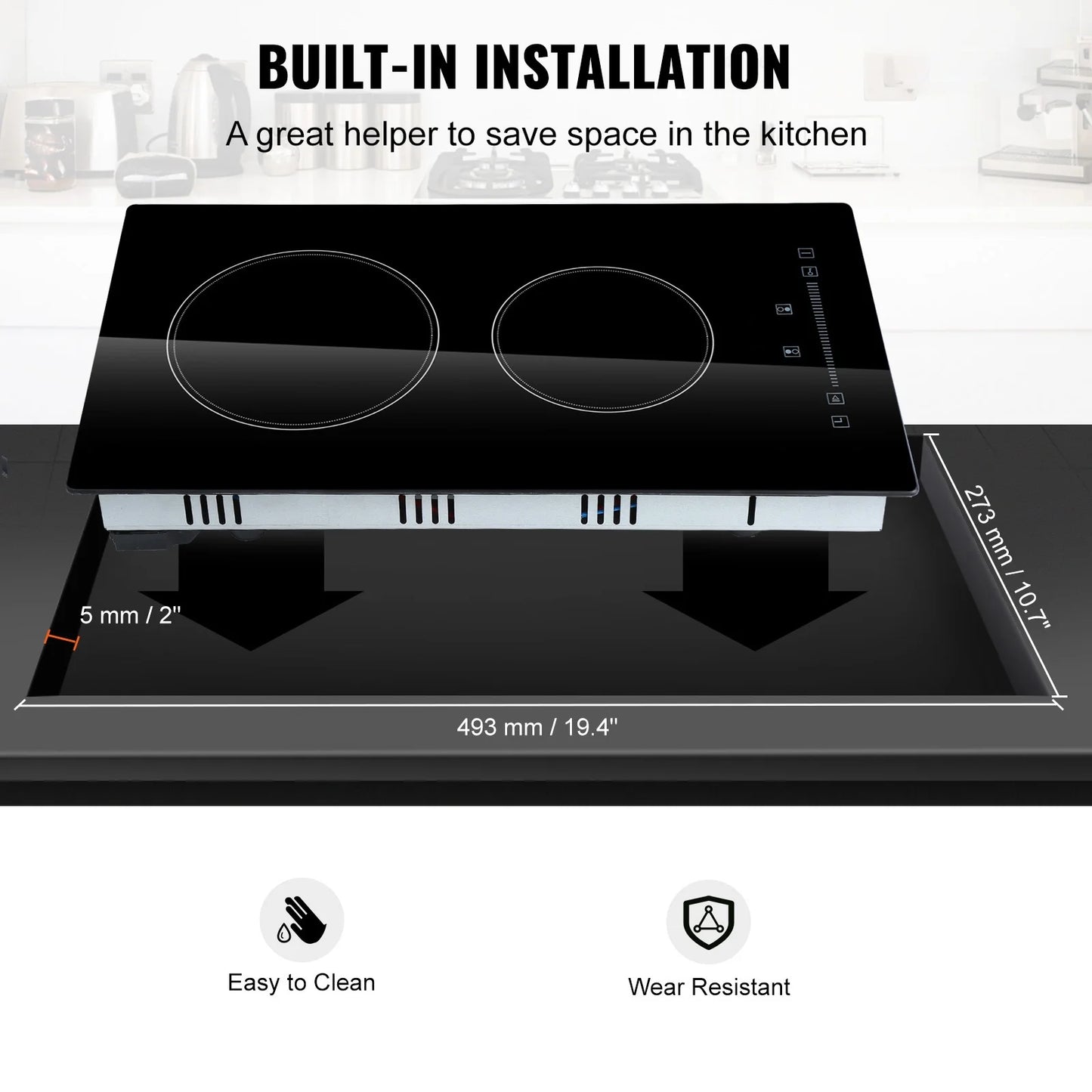 KFFKFF 2 Burner Electric Cooktop, 20 x 11.6 inches, 240V 3000W Glass Heat Plate with Touch-Sensitive Controls, Inbuilt Timer and Child Safety Feature, 9 Adjustable Heat Settings for Kitchen