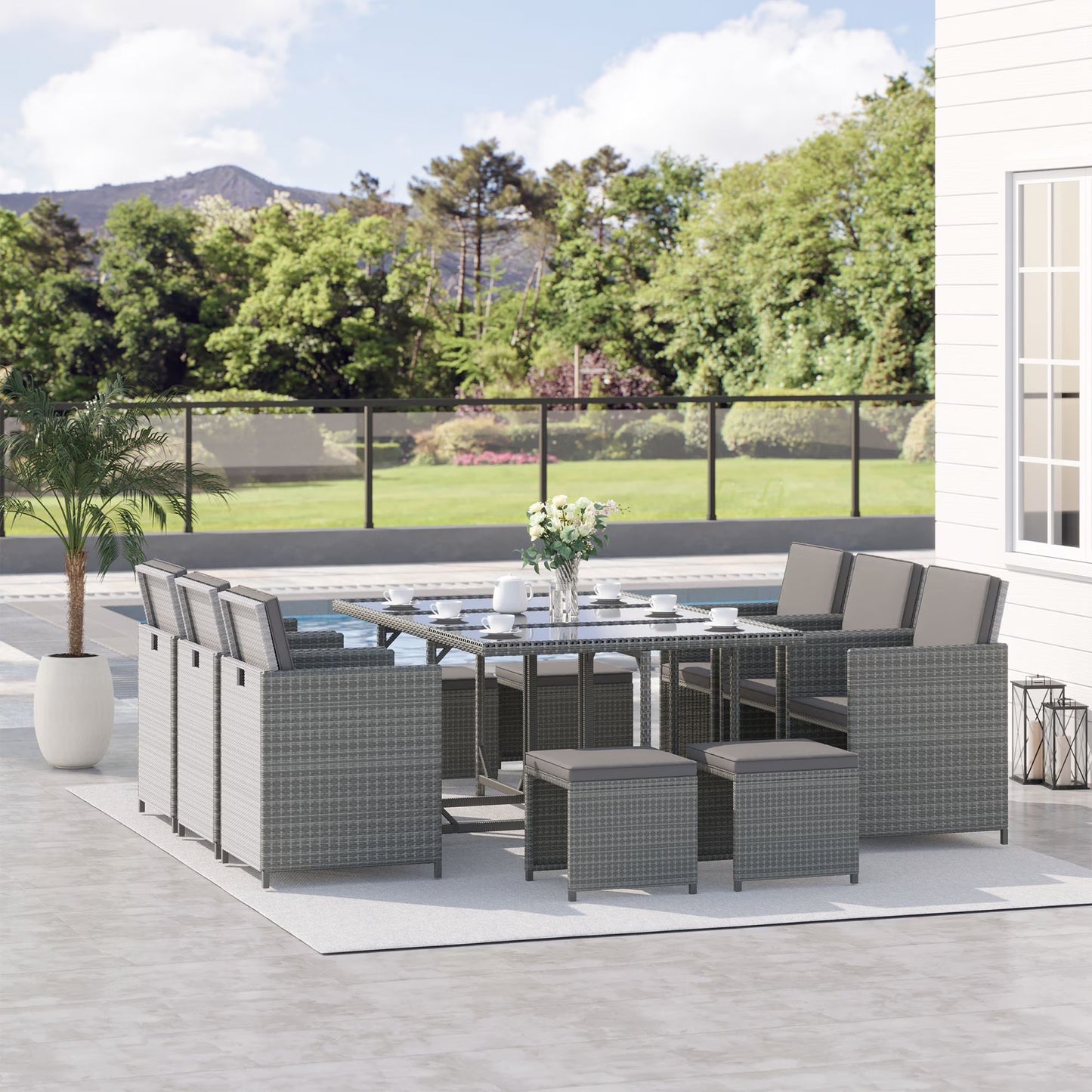 Outsunny 11 Pieces Outdoor Dining Set for 10, Space Saving Wicker Chairs and Glass Table with Cushions and Ottomans, Rattan Conversation Patio Furniture Set for Garden Backyard Deck, Dark Gray