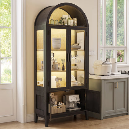 BROTTAR 71" Tall Arched Display Cabinet with Glass Doors, Kitchen Pantry with 3 Color LED Lights & Human Body Sensor, 5-Tier Bookcase for Living Room, Dining Room, Black