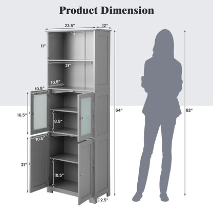 Gymax Bathroom Tall Storage Cabinet Linen Tower w/Glass Door & Adjustable Shelf Grey