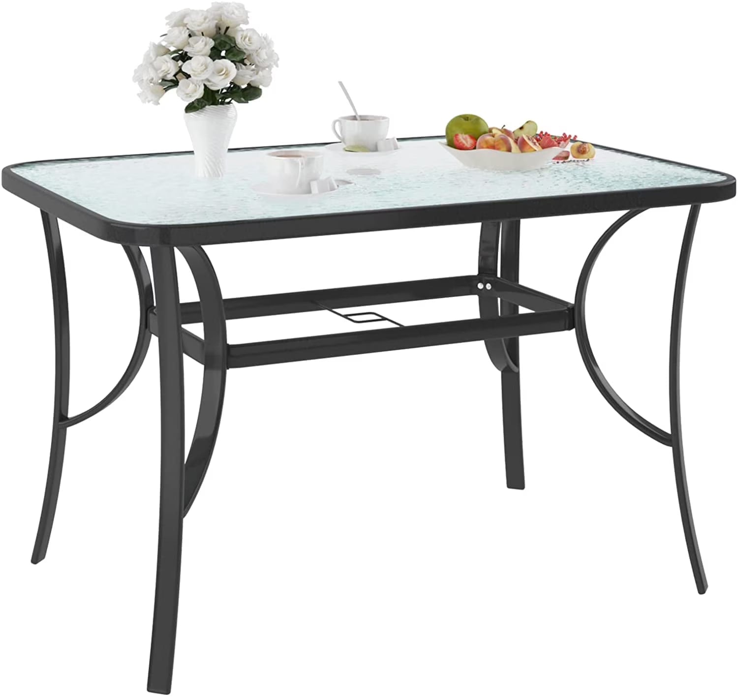 Soges 47 Inch Outdoor Tempered Glass Table Patio Table, Patio Coffee Table, Outdoor Dining Table for Garden, Balcony, Backyard, Poolside, Lawn, Bistro Table with Umbrella Hole, Black