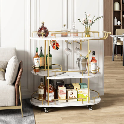 Garvee Bar Serving Cart, 3-Tier Storage Shelves & Wine Rack and Glass Holder, Golden & White