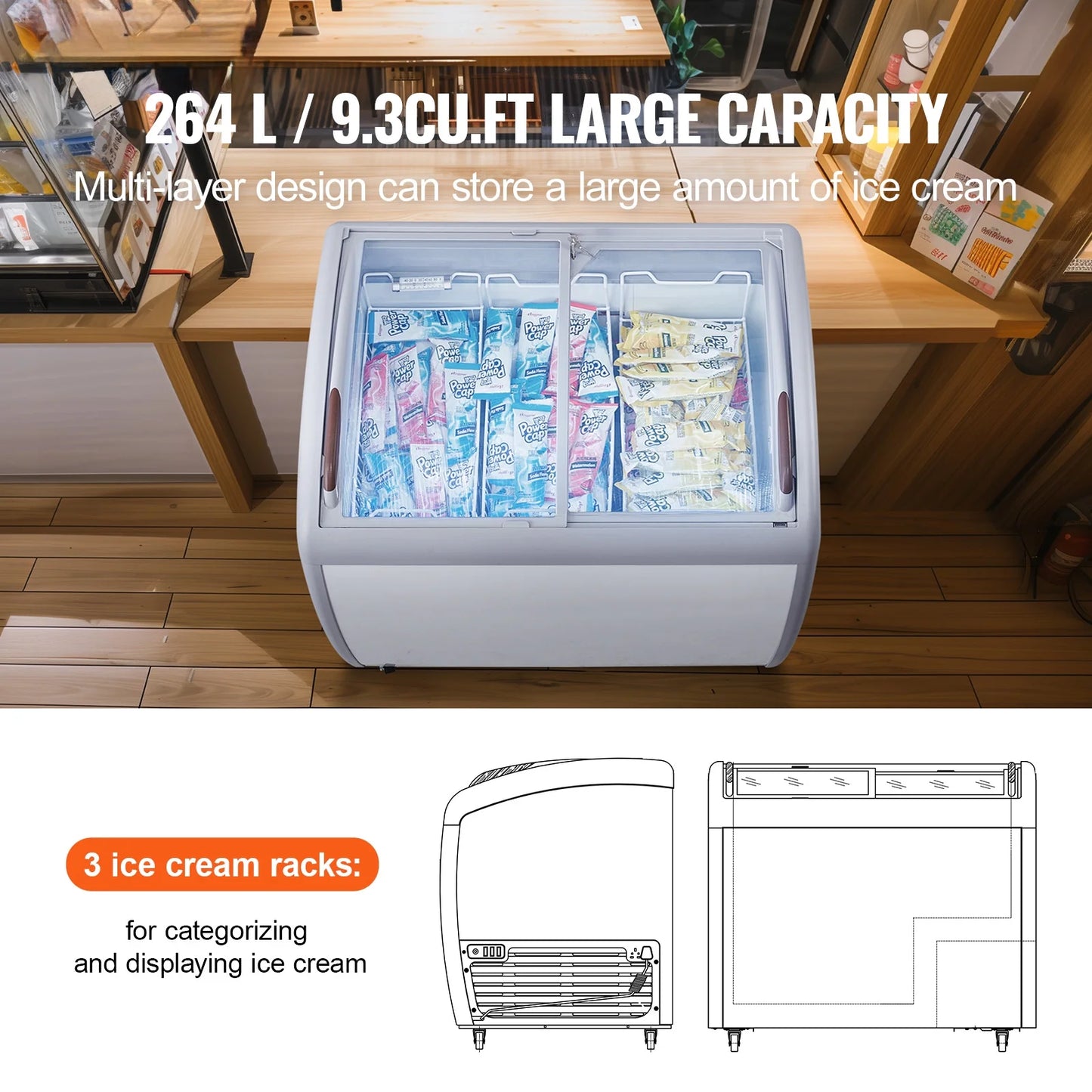 KFFKFF Professional Ice Cream Showcase, 9.3 Cubic Feet Storage Freezer, Portable Transparent Lid Deep Freezer, Eatery Sorbet Serving Cabinet,3 Metal Baskets, Dual Slide Glass Doors, Lockable Wheels