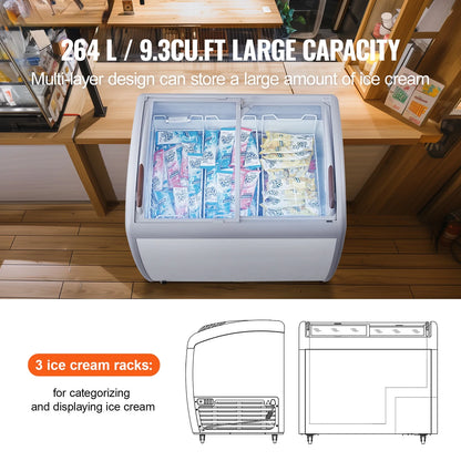 KFFKFF Professional Ice Cream Showcase, 9.3 Cubic Feet Storage Freezer, Portable Transparent Lid Deep Freezer, Eatery Sorbet Serving Cabinet,3 Metal Baskets, Dual Slide Glass Doors, Lockable Wheels