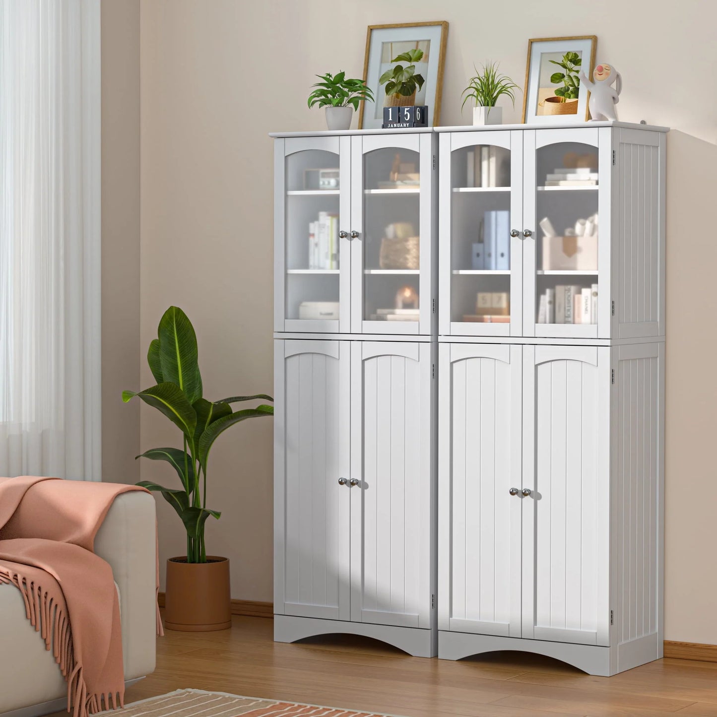 Lofka Kitchen Food Pantry Cabinet, 64" Tall Storage Cabinet with Frosted Glass Doors and Adjustable Shelves, White