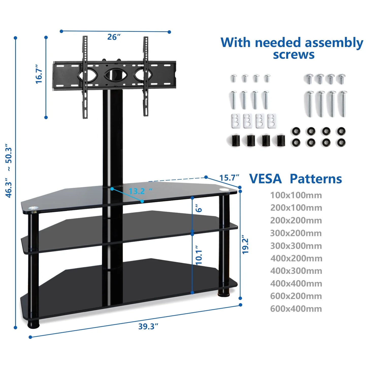 RTVR Modern 3 in 1 TV Stand with Mount for Flat Screens up to 65 inch, Black Glass Corner TV Stand for Bedroom