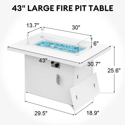 RADIATA 43" Aluminum Propane Fire Pit Table, 60,000 BTU Outdoor Gas Firepit, Rectangle CSA-Certified Patio Fireplace with Wind Guard & Glass Rocks, Rust-Proof Dark Gray Fire Table for Deck Poolside
