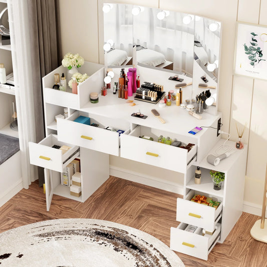 VIVISPECIAL Vanity Set with Lighted Mirror, Makeup Vanity with 3 Lighting Options and Charging Station, Large Vanity Desk with Storage Shelves, 5 Drawers, Glass Cabinet