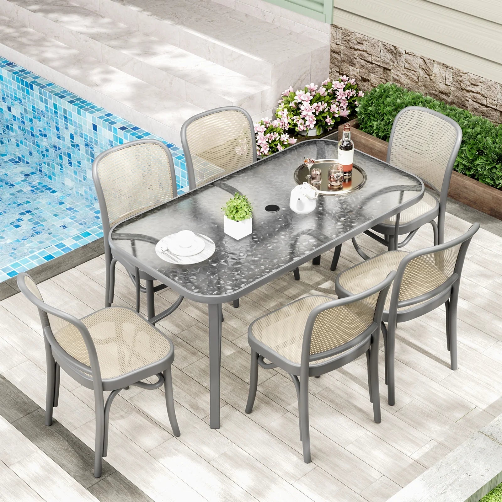 Arlopu Patio Rectangular Tempered Glass Dining Table, All-Weather Use, Outdoor Table for Garden & Backyard