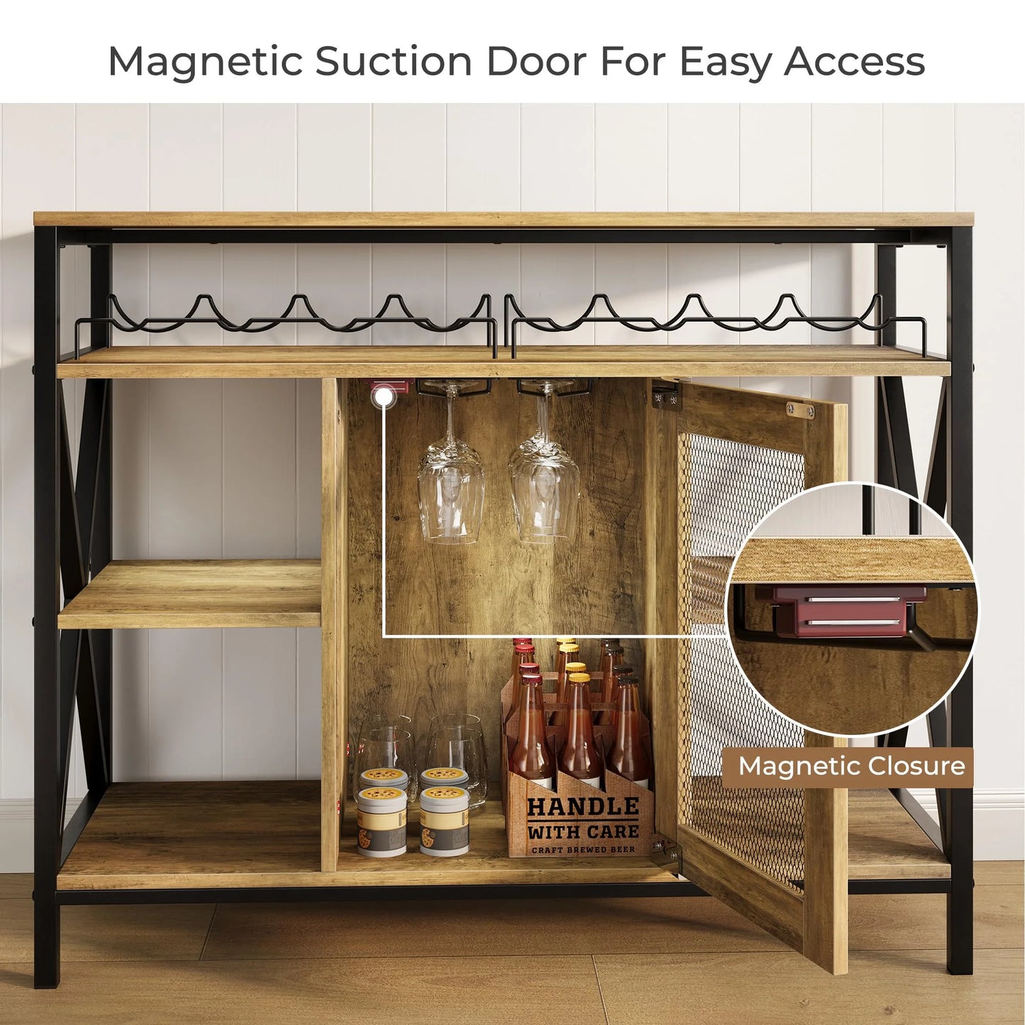 Vividwood Wine Bar Cabinet with Storage, Industrial Liquor Cabinet with Wine Rack & Glass Holder, Small Wood Metal Cart Bar Alcohol Table Sideboard Buffet for Home Kitchen Living Room, Oak