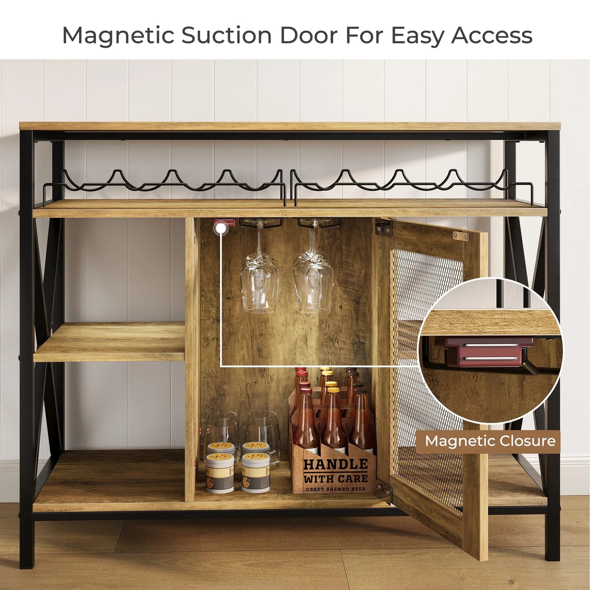 Vividwood Wine Bar Cabinet with Storage, Industrial Liquor Cabinet with Wine Rack & Glass Holder, Small Wood Metal Cart Bar Alcohol Table Sideboard Buffet for Home Kitchen Living Room, Oak