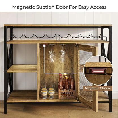 Vividwood Wine Bar Cabinet with Storage, Industrial Liquor Cabinet with Wine Rack & Glass Holder, Small Wood Metal Cart Bar Alcohol Table Sideboard Buffet for Home Kitchen Living Room, Oak