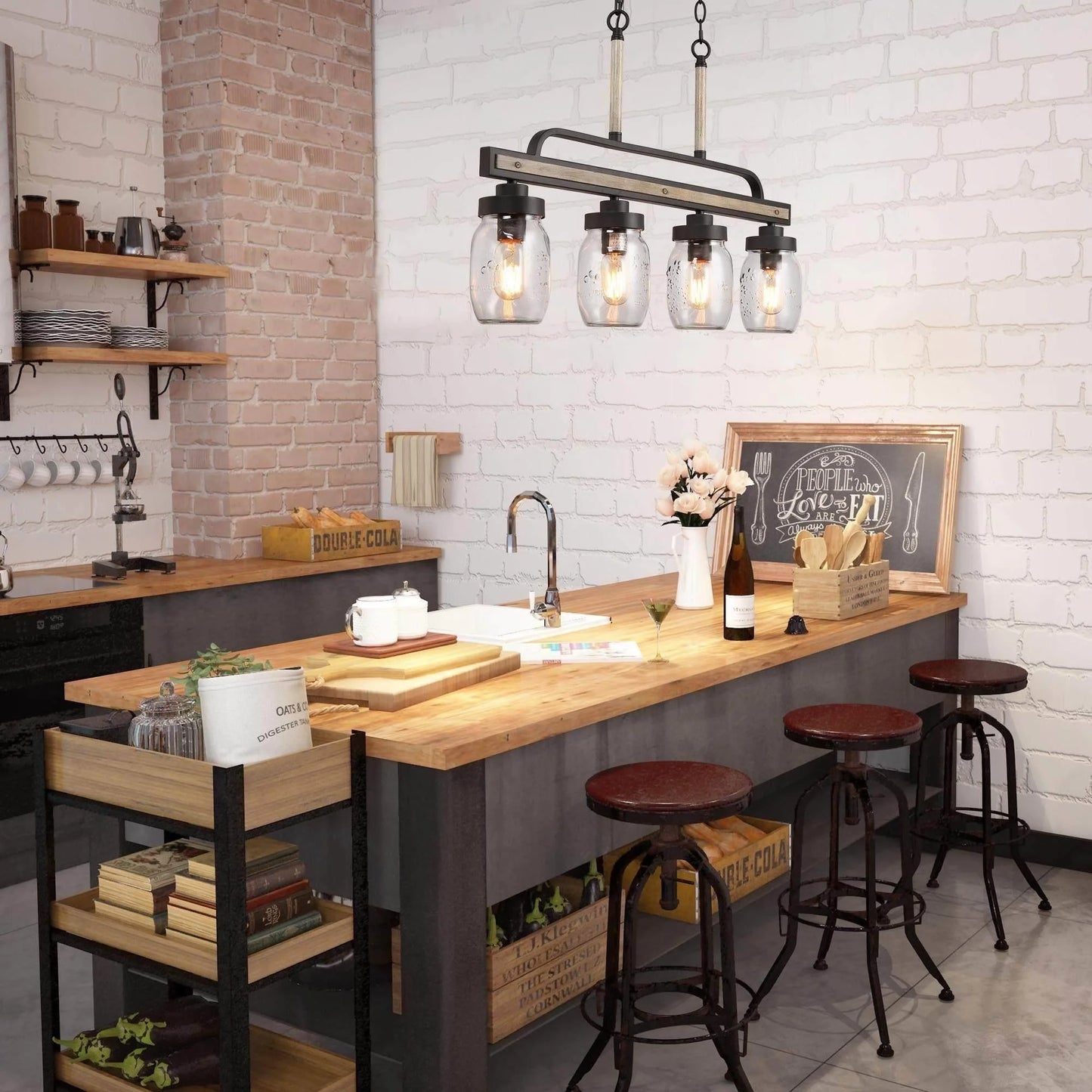 LaLuz Modern Farmhouse 4-Light Mason Jar Glass Chandelier for Kitchen Island 4 lights 25 to 36 Inches
