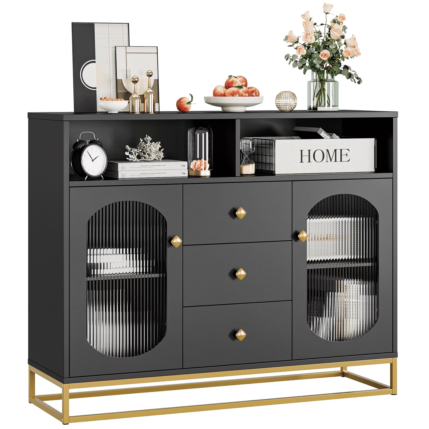 Homfa Sideboard Buffet, 3 Drawers Accent Cabinet with Open Shelf & Glass Doors, Black