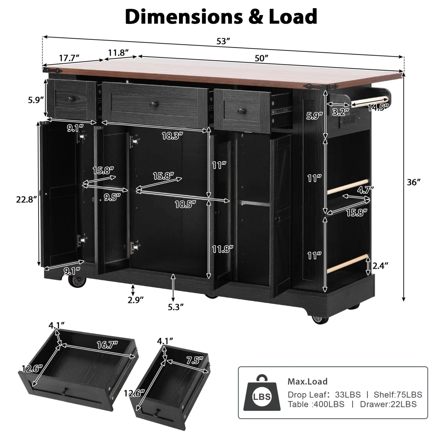 53'' Farmhouse Kitchen Island with Two Tempered Glass Cabinet Doors, Kitchen Rolling Island with Power Outlet 5 Open Side Racks and 3 Drawers,Mobile Island Table for Kitchen, Dining Room,Black