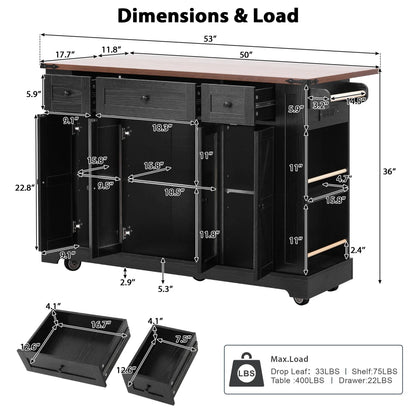 53'' Farmhouse Kitchen Island with Two Tempered Glass Cabinet Doors, Kitchen Rolling Island with Power Outlet 5 Open Side Racks and 3 Drawers,Mobile Island Table for Kitchen, Dining Room,Black