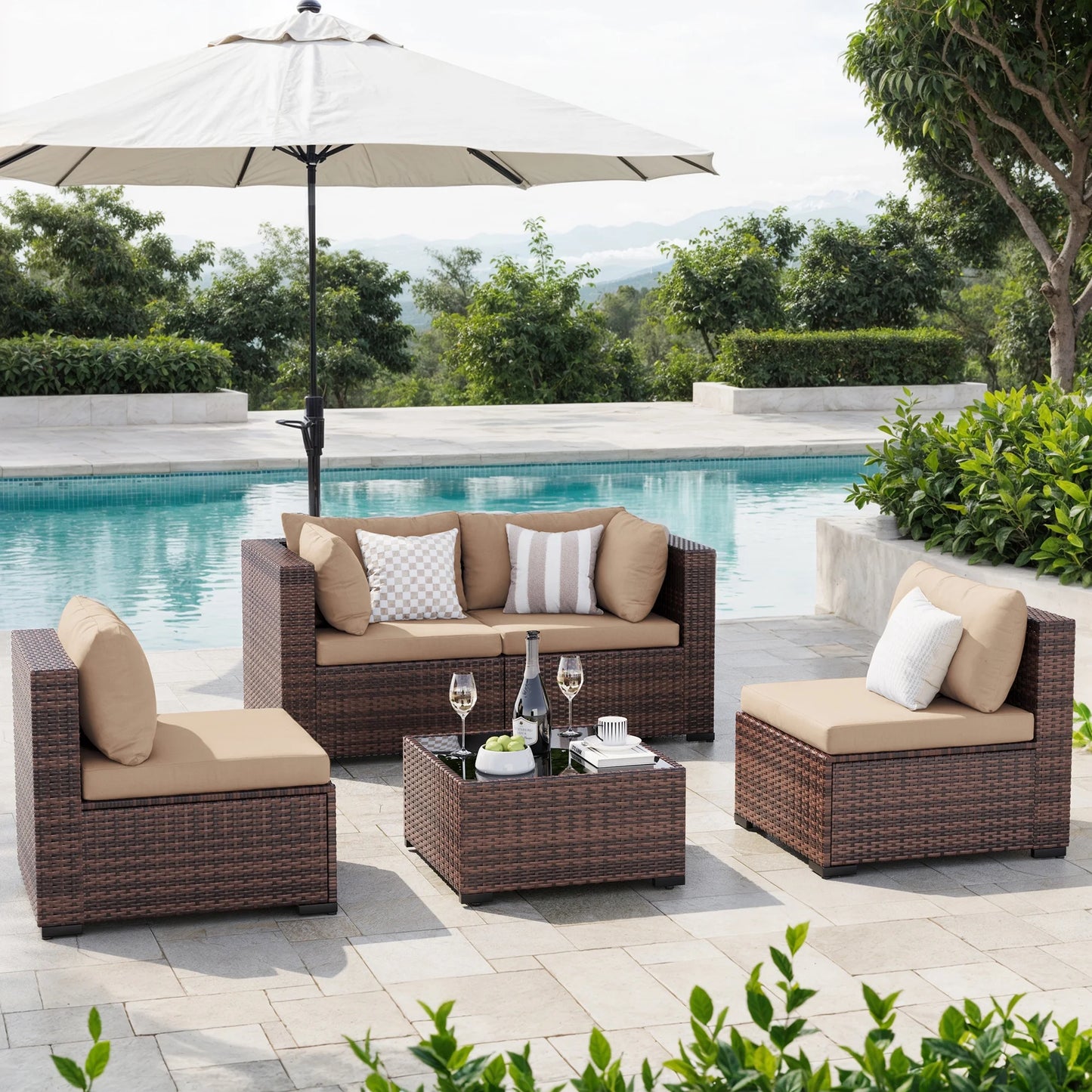 MRUAKA 5 Pieces Patio Furniture Set, Outdoor Furniture Sectional Rattan Sofa with Slanted Back, Patio Couch with Glass Coffee Table for Backyard Garden (Khaki)