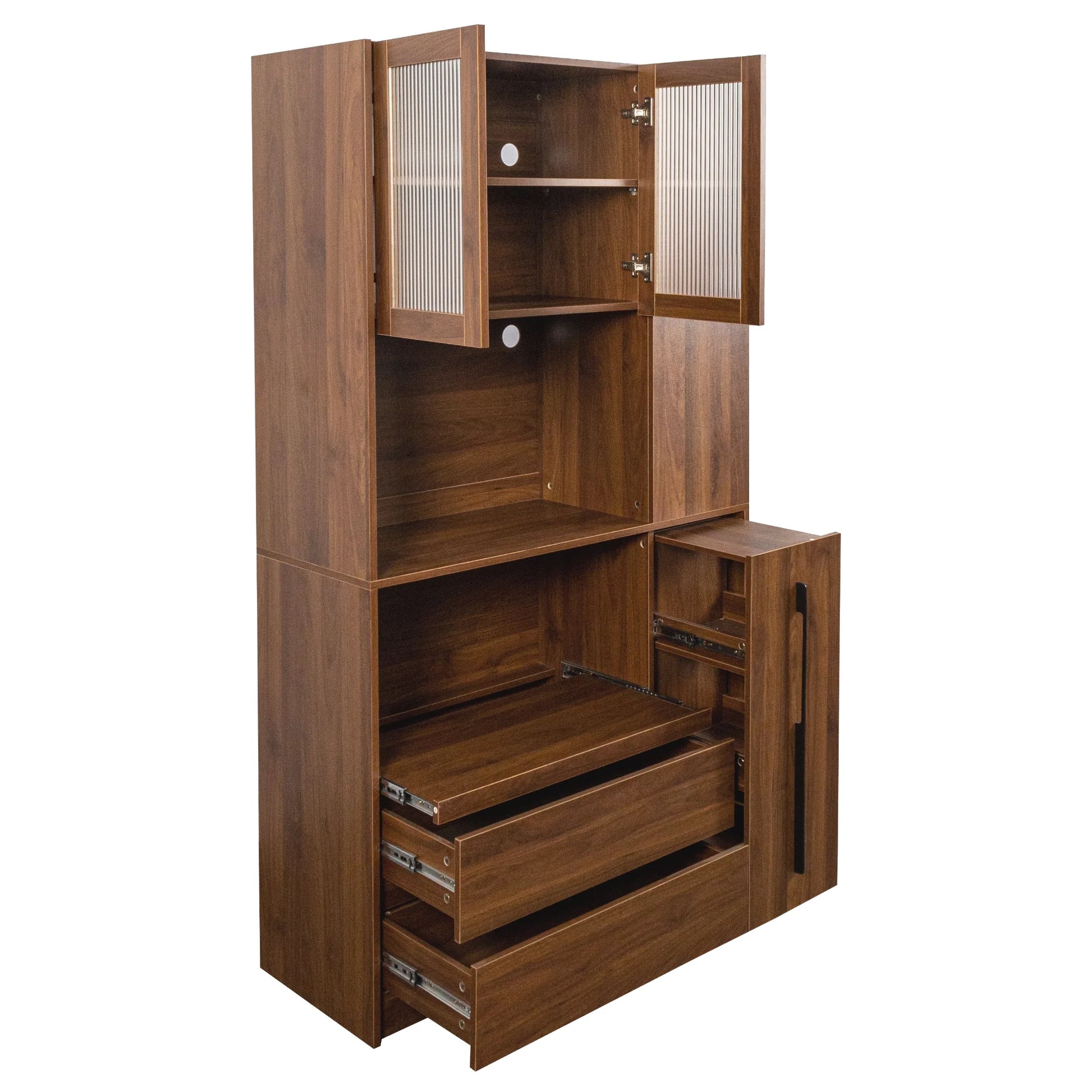 Kitchen Pantry Cabinet w/4-Tier Storage Cart, 2 Drawers & 2 Glass Doors, Tall Storage Cabinet w/Shelves