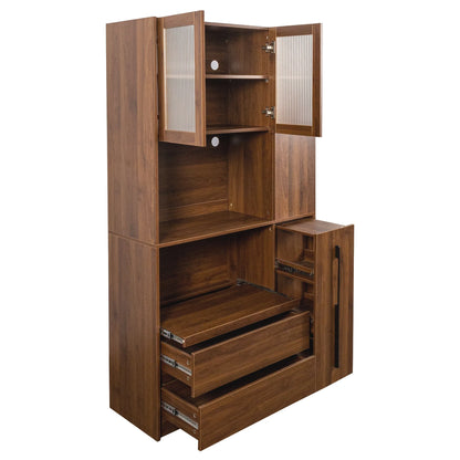 Kitchen Pantry Cabinet w/4-Tier Storage Cart, 2 Drawers & 2 Glass Doors, Tall Storage Cabinet w/Shelves