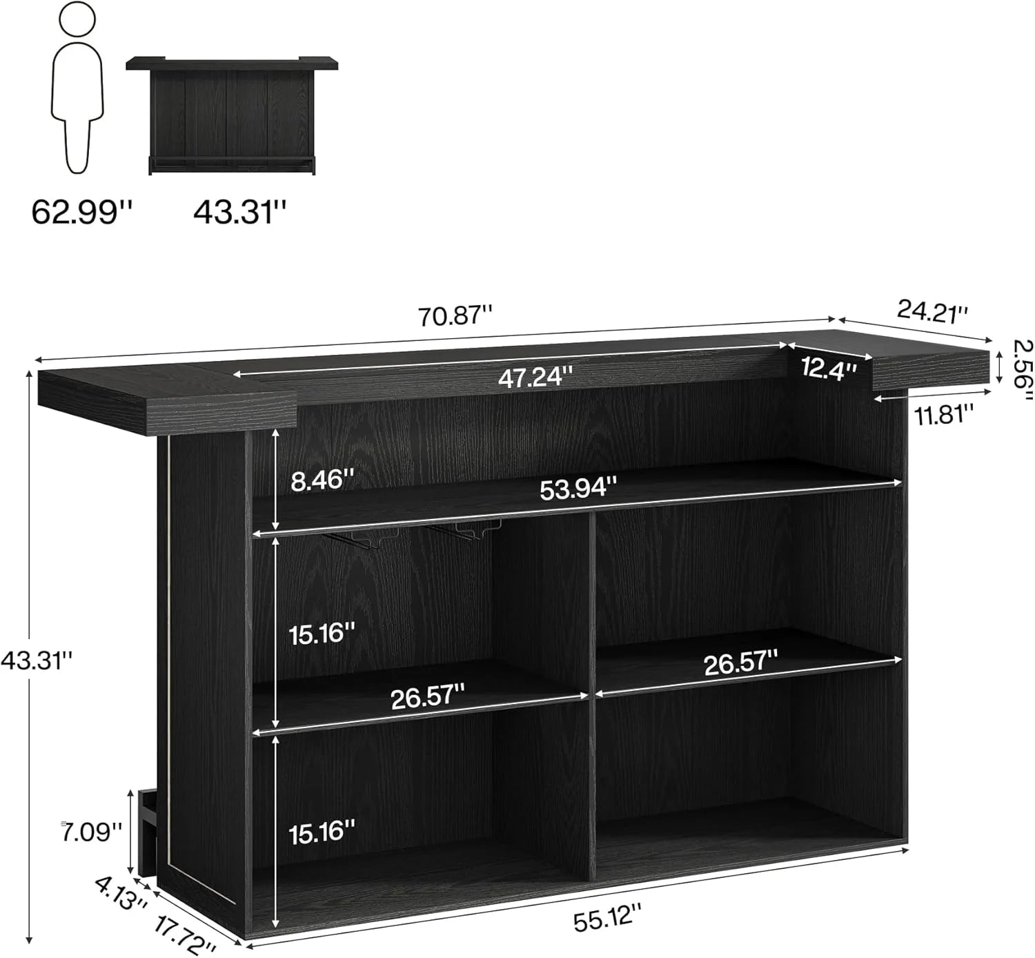 Tribesigns 4-Tier Bar Table, 70.9-Inch Large Home Bar Cabinet with Wine Glass Holder and Black Footrest, for Kitchen, Dining Room, Living Room, Pub, Rustic Brown