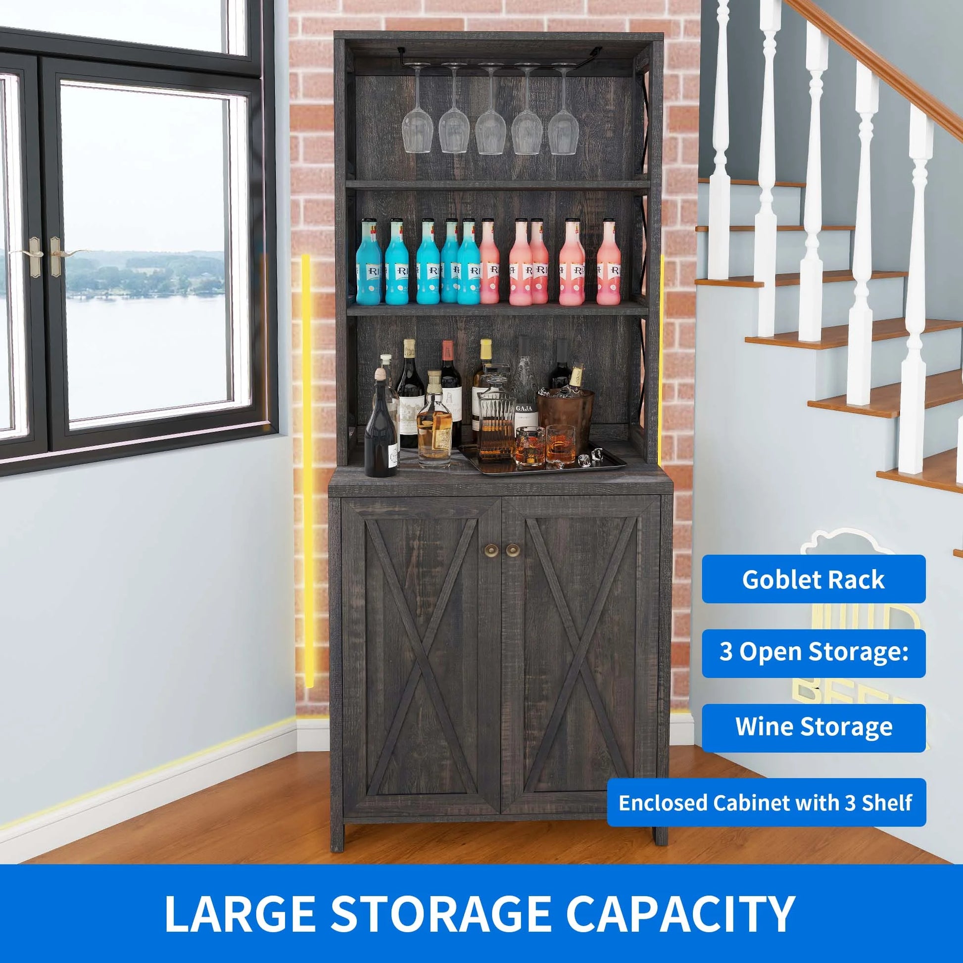 DEXTRUS Bar Cabinet with Glasses Holder, Tall Liquor Sideboard Buffet, Living Room, Dark Rustic Oak