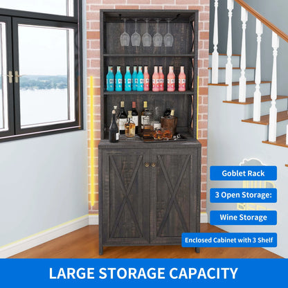 DEXTRUS Bar Cabinet with Glasses Holder, Tall Liquor Sideboard Buffet, Living Room, Dark Rustic Oak