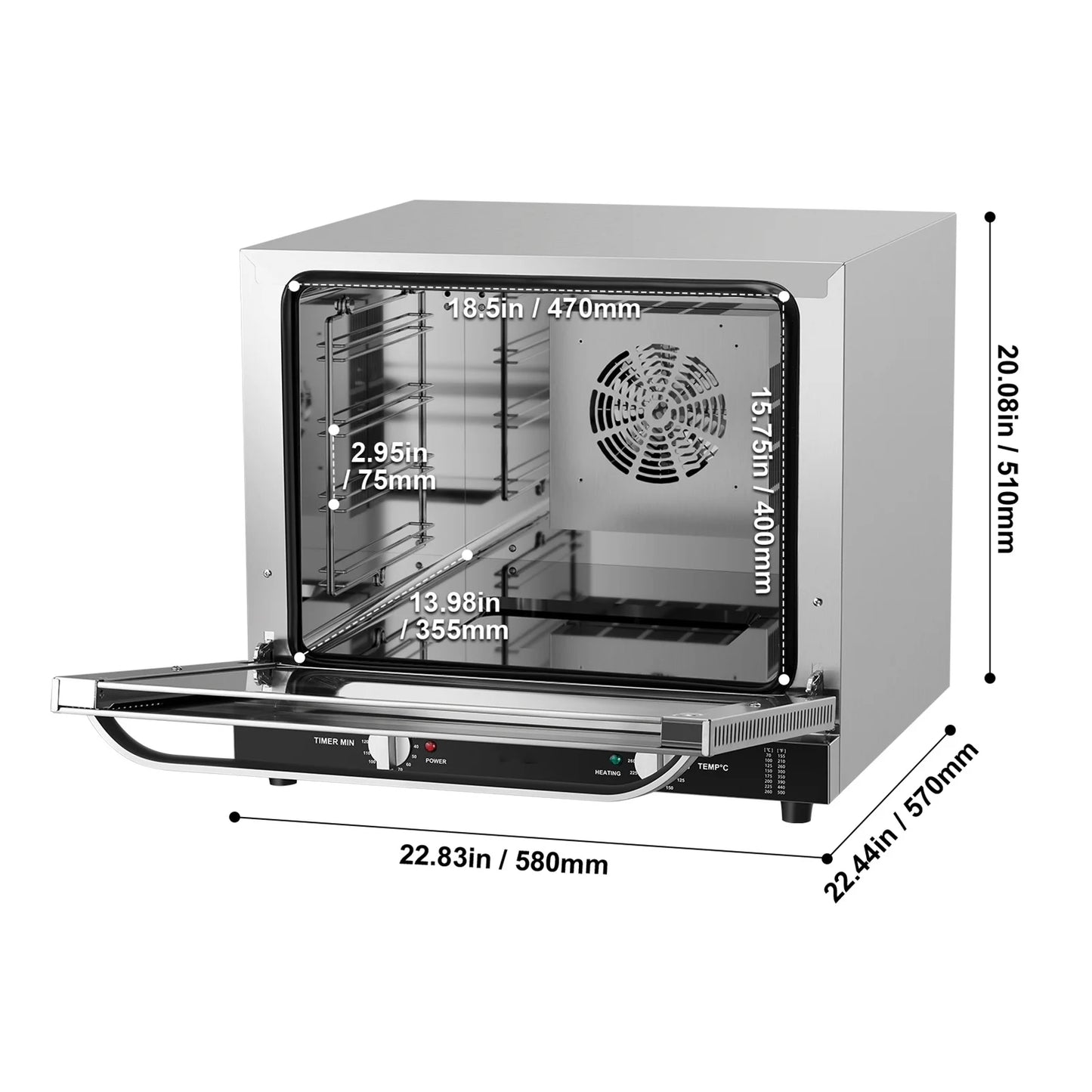 KFFKFF Professional Counter-Top Oven, 66L 4-Level Roasting Oven, 2800W Electrical Cooking Oven with Reinforced Glass Door, Wire Shelves, Clip Tray, Gloves, Stainless Steel Industrial Oven