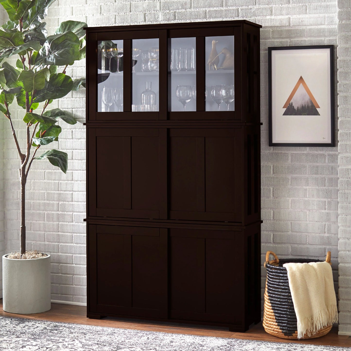 TMS 42° Wide Contemporary Tempered Glass Sliding Door Stackable Dining Room Sideboard, Espresso Brown Finish