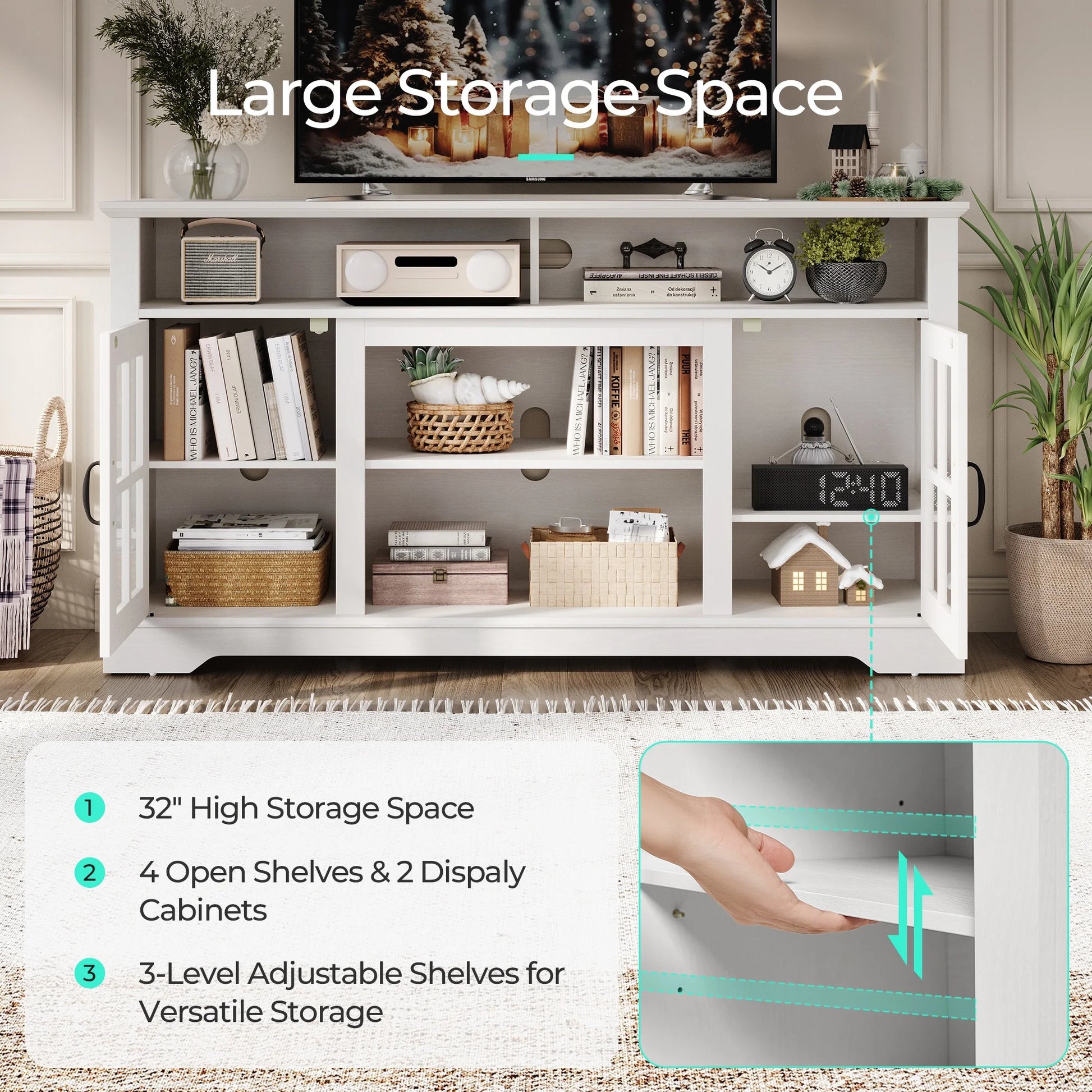 LINSY HOME Modern Glass TV Stand for TVs up to 65", LED Lights Home Entertainment Center with 2 Storage Cabinets and Adjustable Shelves, White