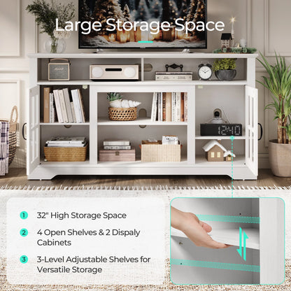 LINSY HOME Modern Glass TV Stand for TVs up to 65", LED Lights Home Entertainment Center with 2 Storage Cabinets and Adjustable Shelves, White
